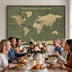 Personalized Framed Beige Geometric Push Pin World Map Canvas Print, Honeymoon and Anniversary Gift, Dining Room and Bedroom Decor