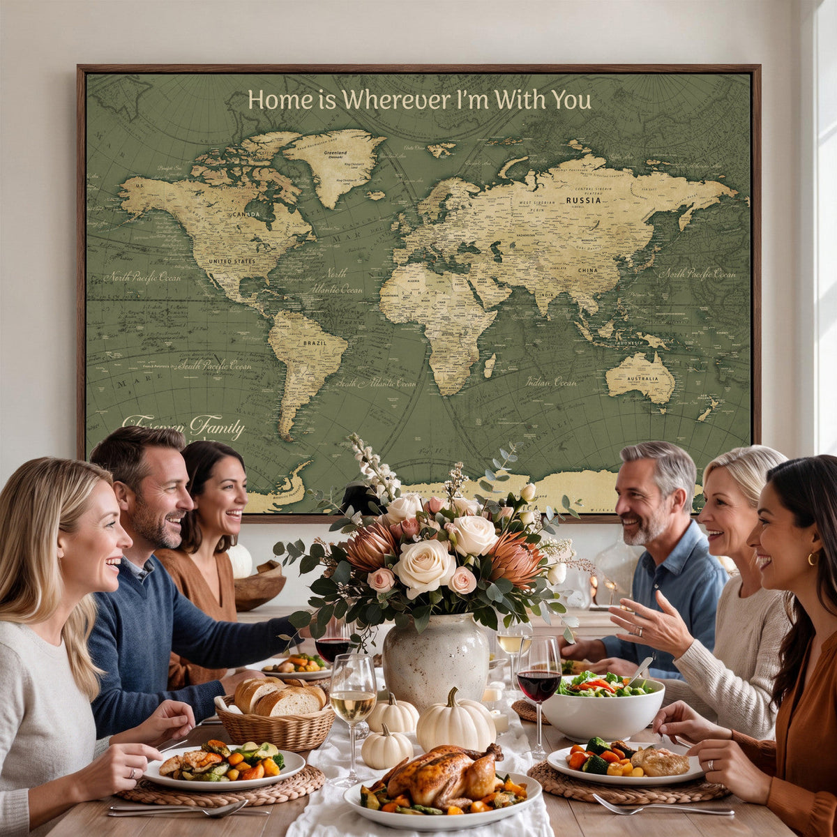 Personalized Framed Beige Geometric Push Pin World Map Canvas Print, Honeymoon and Anniversary Gift, Dining Room and Bedroom Decor