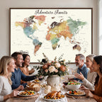 Custom Beige World Map Canvas with Push Pins, Honeymoon and Anniversary Gift, Dining Room and Entryway Decor