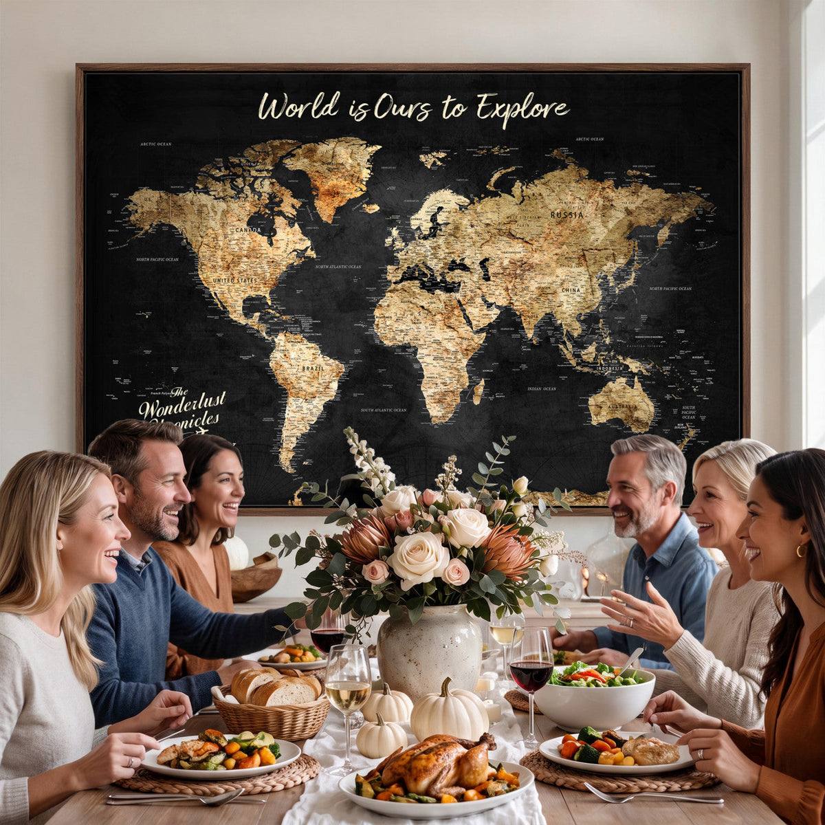 Personalized Framed Black Beige Modern World Travel Map Wall Art with Pins, Bucket List Map, Living Room and Hallway Decor