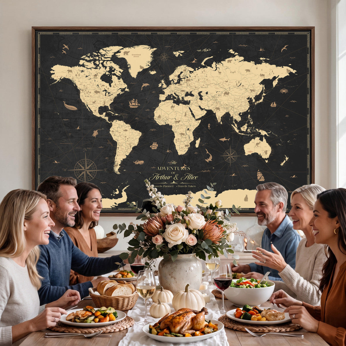 Personalized Beige Push Pin World Map Canvas Print, Places Visited Tracker, Home Office and Study Decor