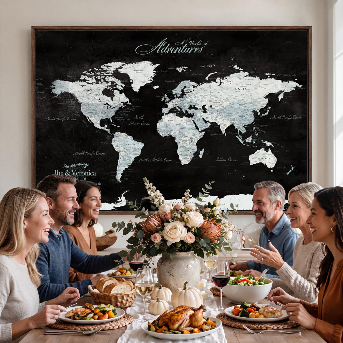 Custom Beige World Travel Map Wall Art with Pins, Places Visited Tracker, Bedroom and Home Office Decor