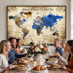 Personalized Framed Beige World Map Canvas with Push Pins, Honeymoon and Anniversary Gift, Living Room and Home Office Decor