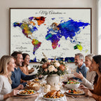 Detailed Custom Framed Beige Modern World Map Canvas with Push Pins, Honeymoon and Anniversary Gift, Dining Room and Home Office Decor