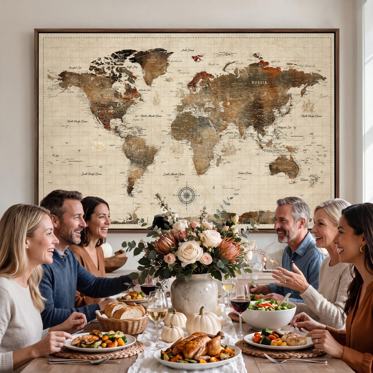 Vintage World Map Wall Art Canvas Print for Living Room, Office and Study