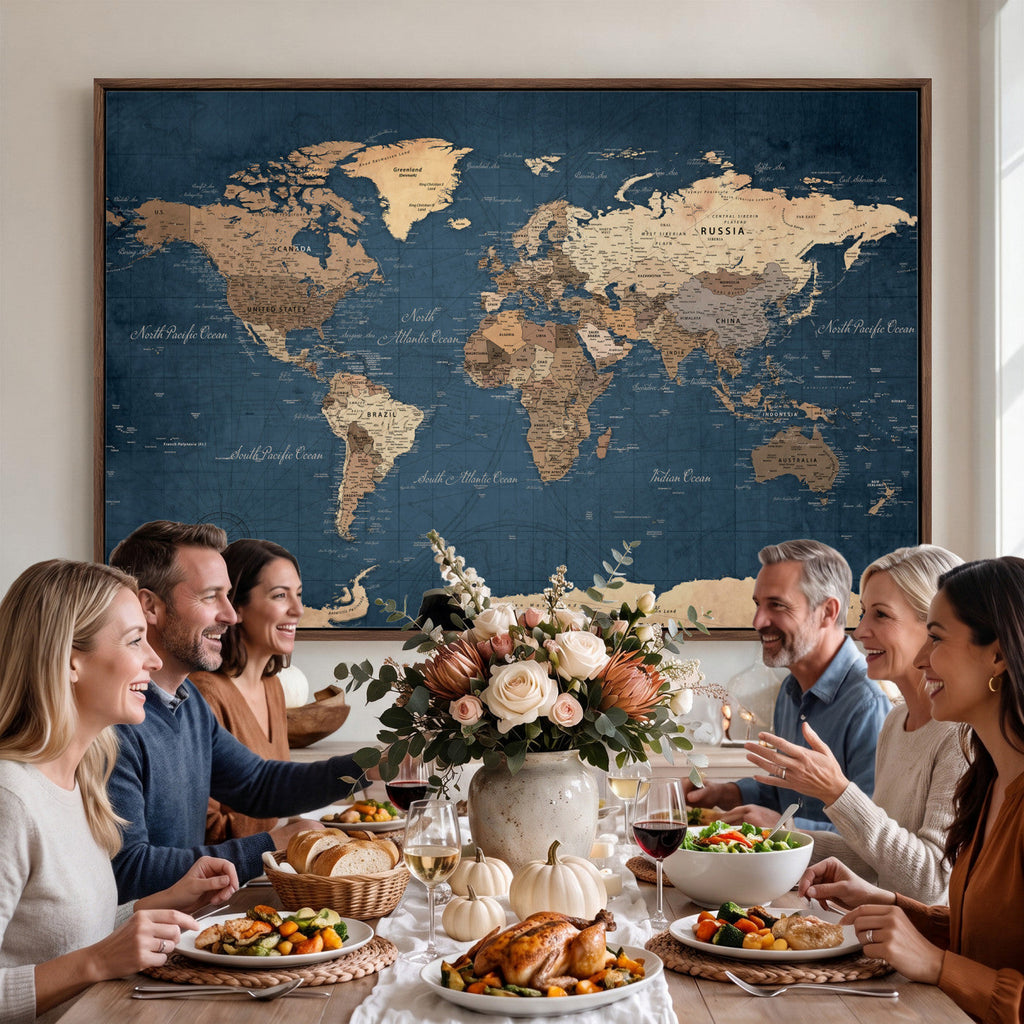 Navy Blue World Map Canvas Print | Framed Travel Map Wall Art