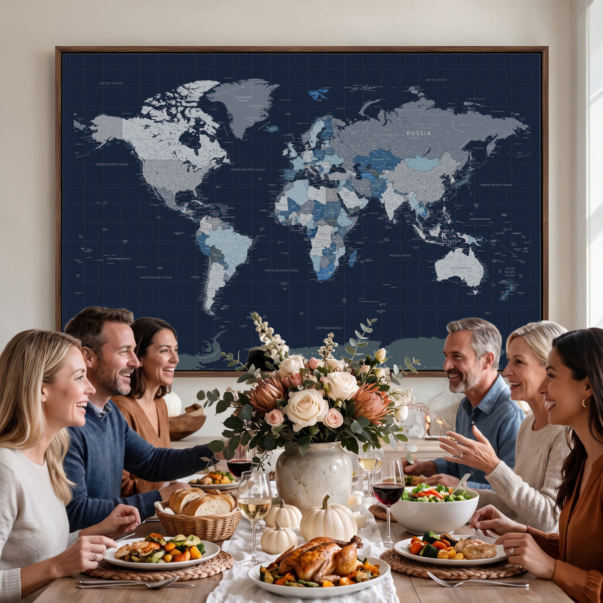 Blue Detailed World Map Wall Art Canvas Print | Modern Framed Map