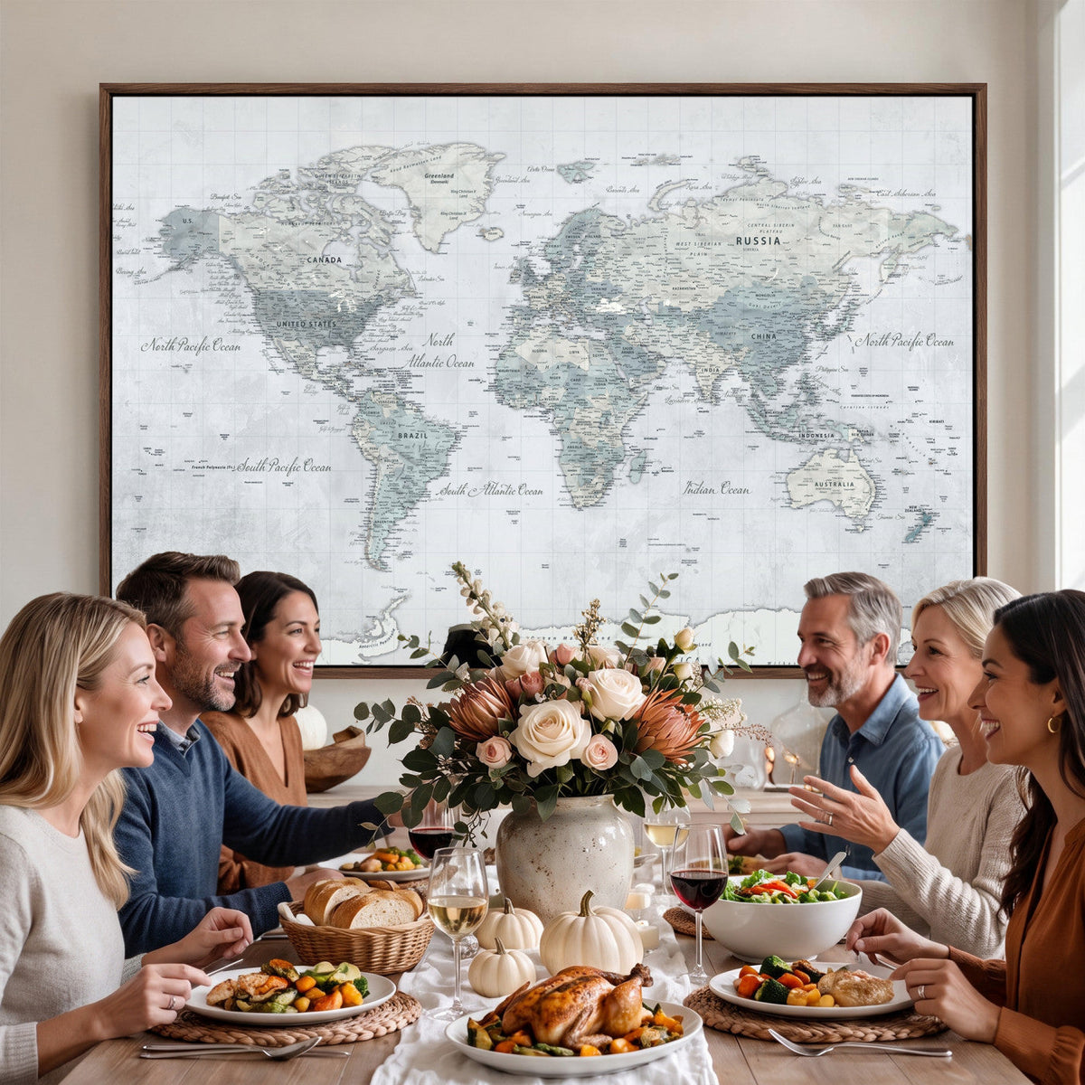 Push Pin World Map Canvas Print - Detailed Vintage World Map