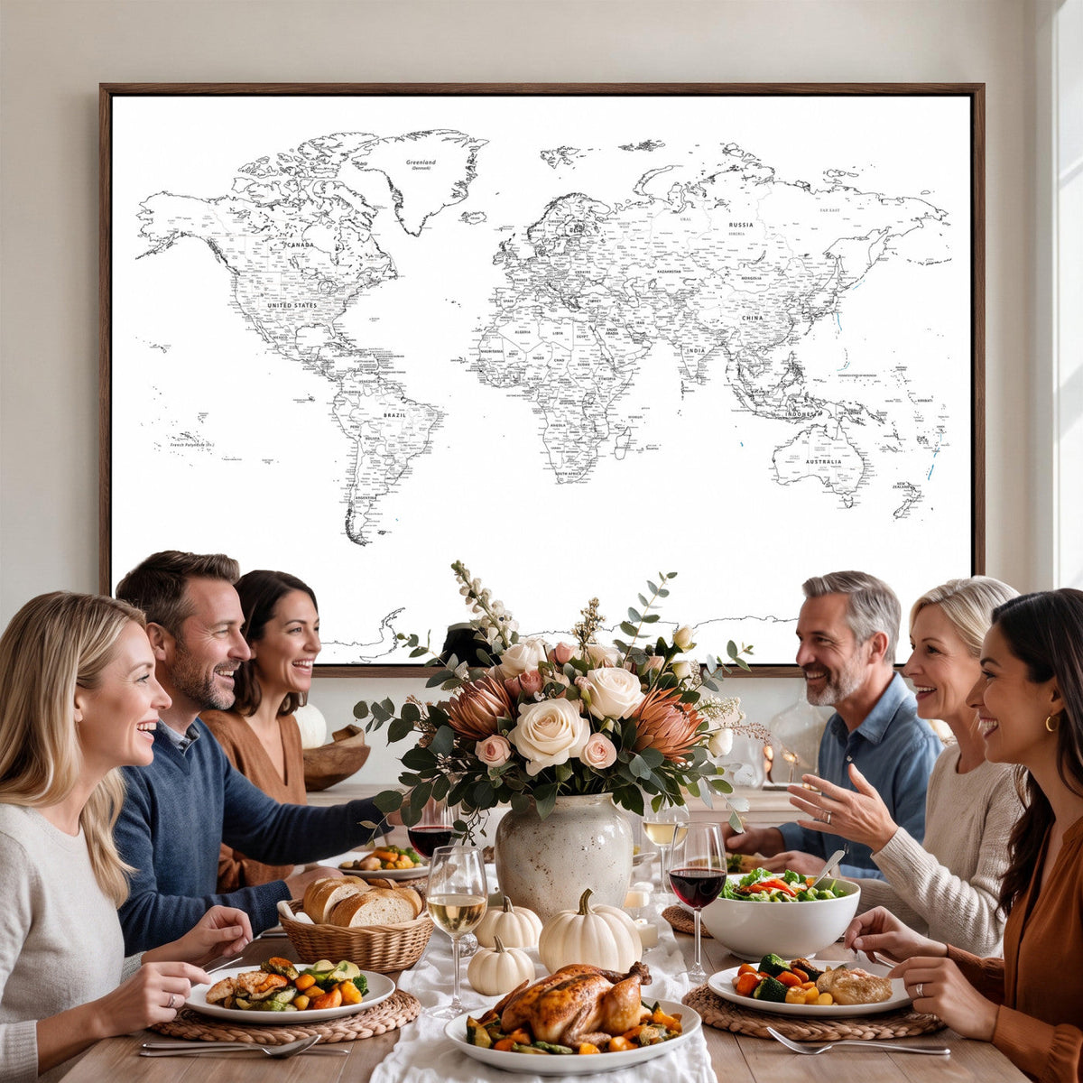 World Map Canvas Print, Framed Modern Detailed Map of the World for Home or Office
