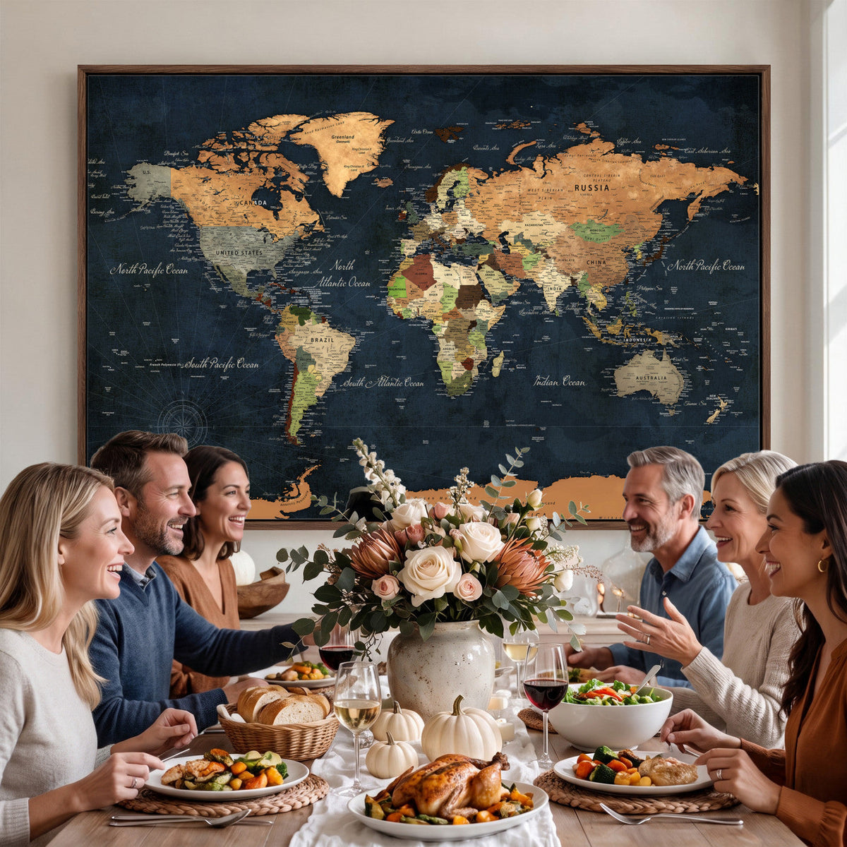 Vintage World Map Canvas Wall Art | Detailed Map with Countries, Oceans and Continents