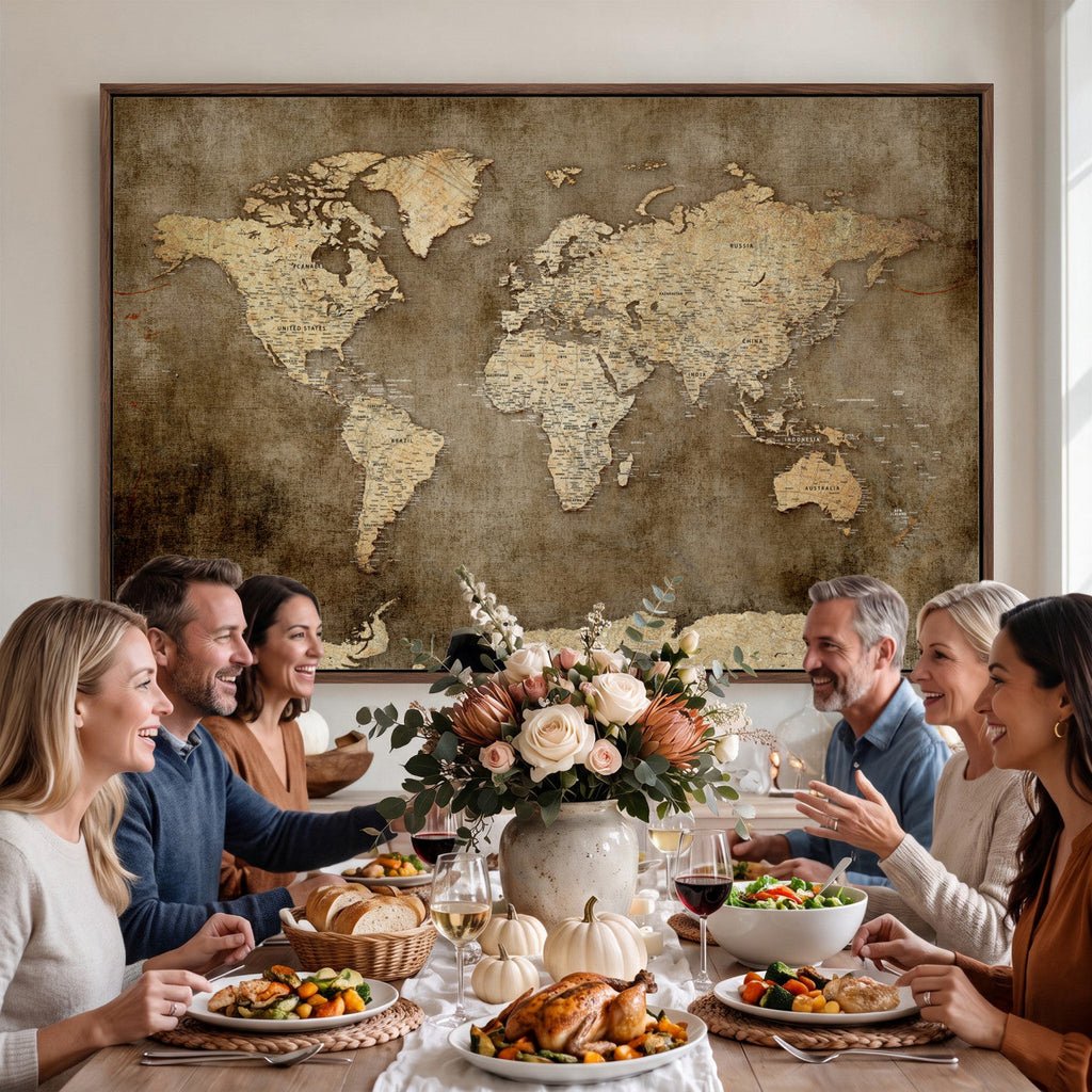 Dark Vintage World Map Canvas Wall Art Print, Antique Map Artwork