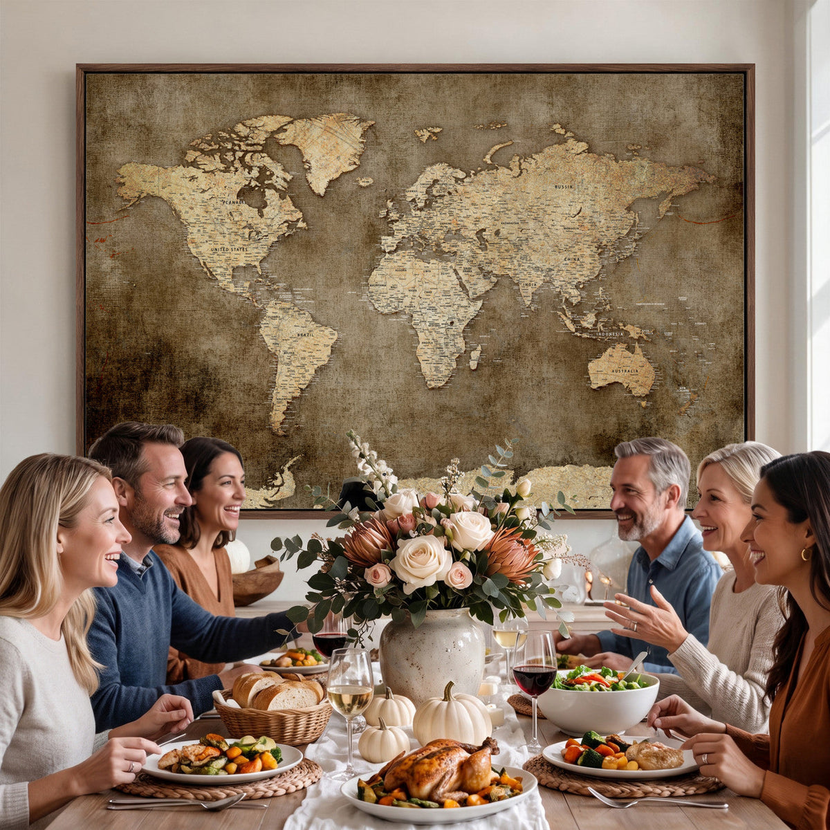 Dark Vintage World Map Canvas Wall Art Print, Antique Map Artwork