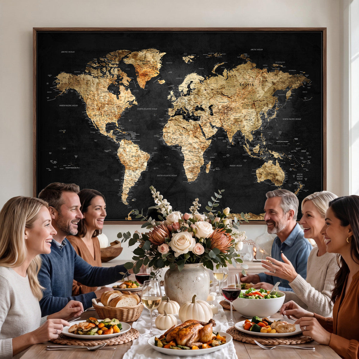 World Map Canvas Wall Art with Famous Landmarks | Framed Travel Map