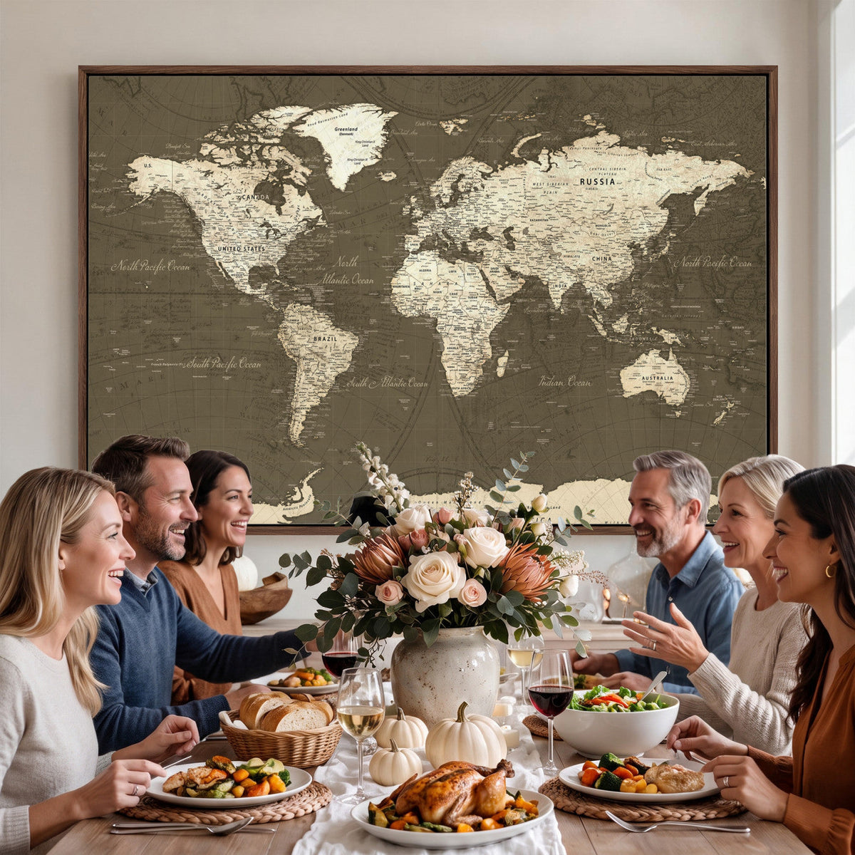 Vintage World Map Canvas Print | Framed Travel Map Wall Art for Couples