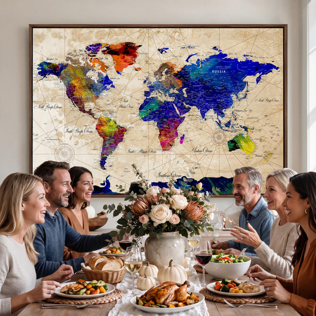 Watercolor World Map Canvas Print | Framed Wall Art for Couples
