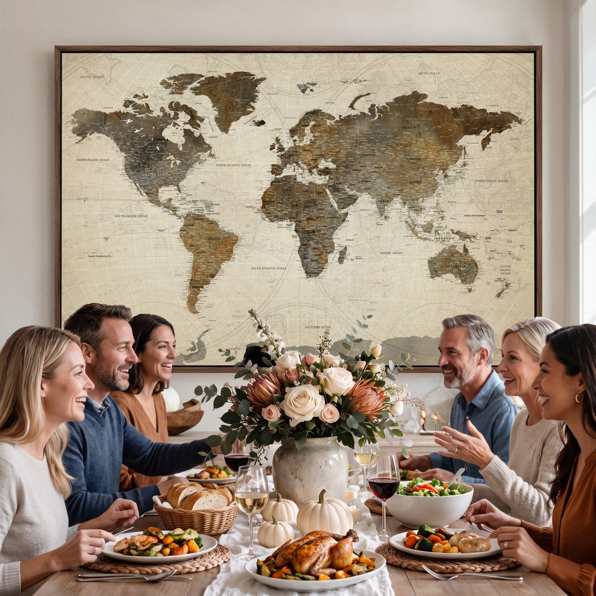 Vintage World Map Canvas Wall Art | Framed Antique Style Travel Map