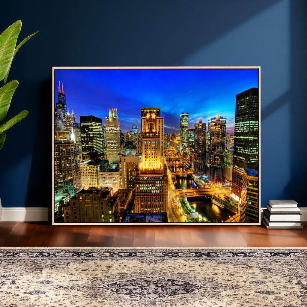 Chicago Wall Art Canvas Print - Chicago City Downtown Night Cityscape