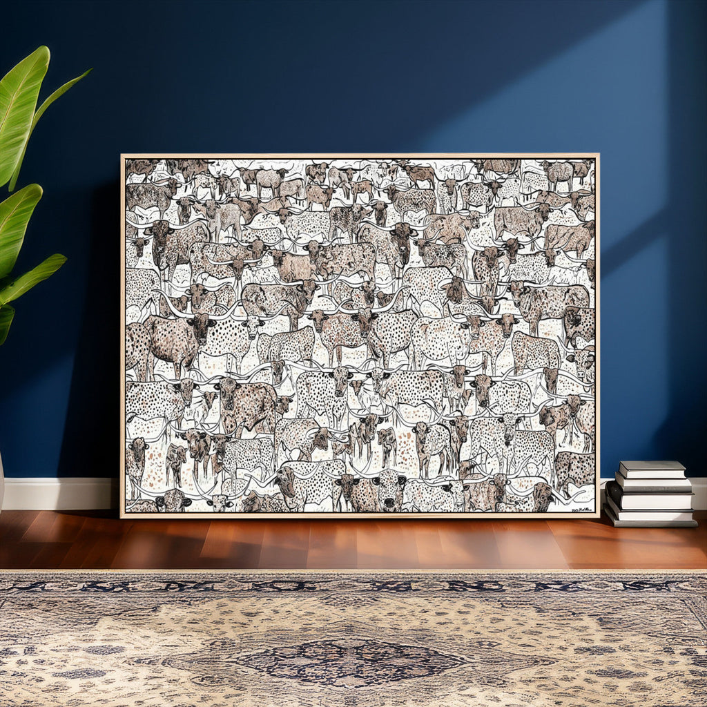 Abstract Texas Cow Wall Art Canvas Print, Farm Longhorn Art for Cabin Decor