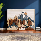 Layered Wooden Mountain Wall Art Canvas Print, Modern Rustic Forest and Pine Landscape