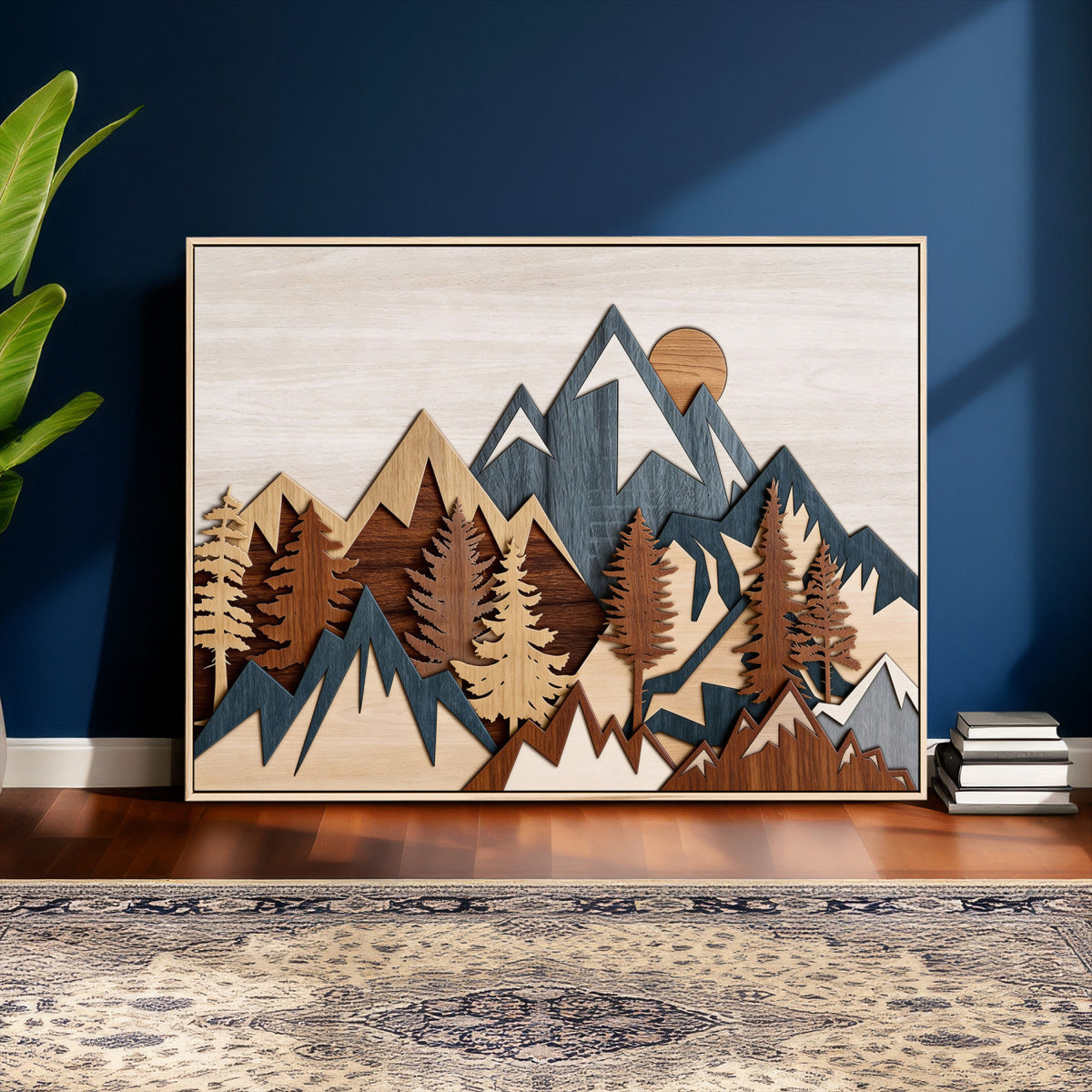 Layered Wooden Mountain Wall Art Canvas Print, Modern Rustic Forest and Pine Landscape