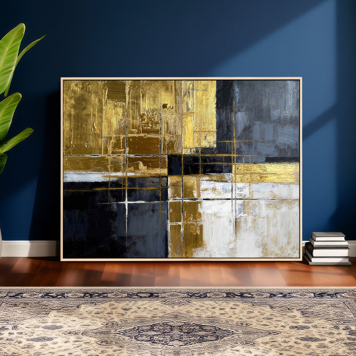 Gold Navy Abstract Wall Art Canvas Print, Modern Luxury Geometric Art for Living Room and Office