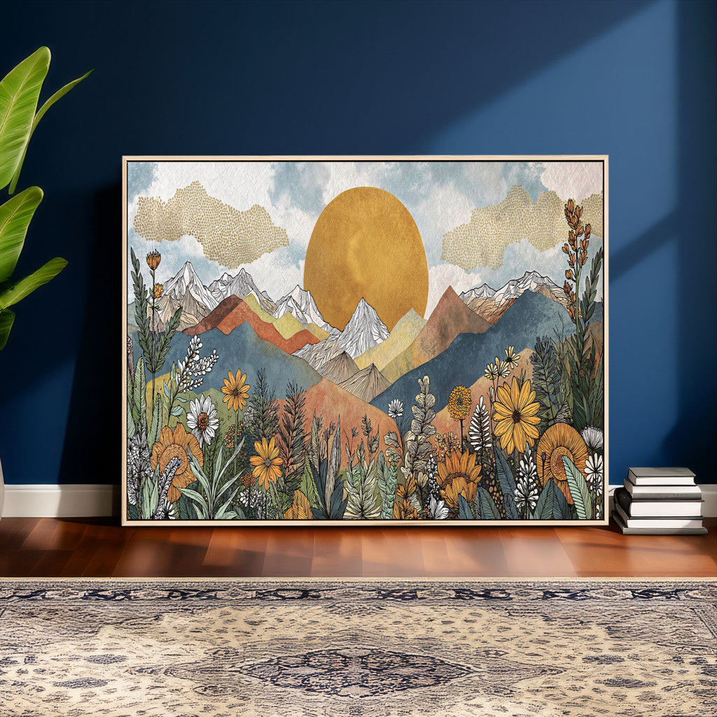 Boho Mountain Landscape Large Wall Art, Horizontal Gold Sun and Flowers Print