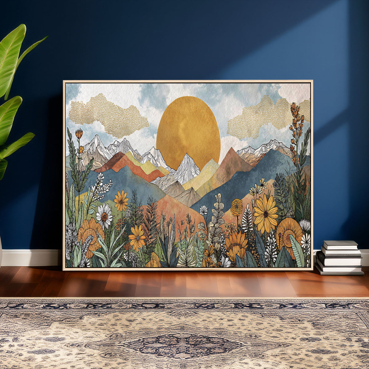 Boho Mountain Landscape Large Wall Art, Horizontal Gold Sun and Flowers Print