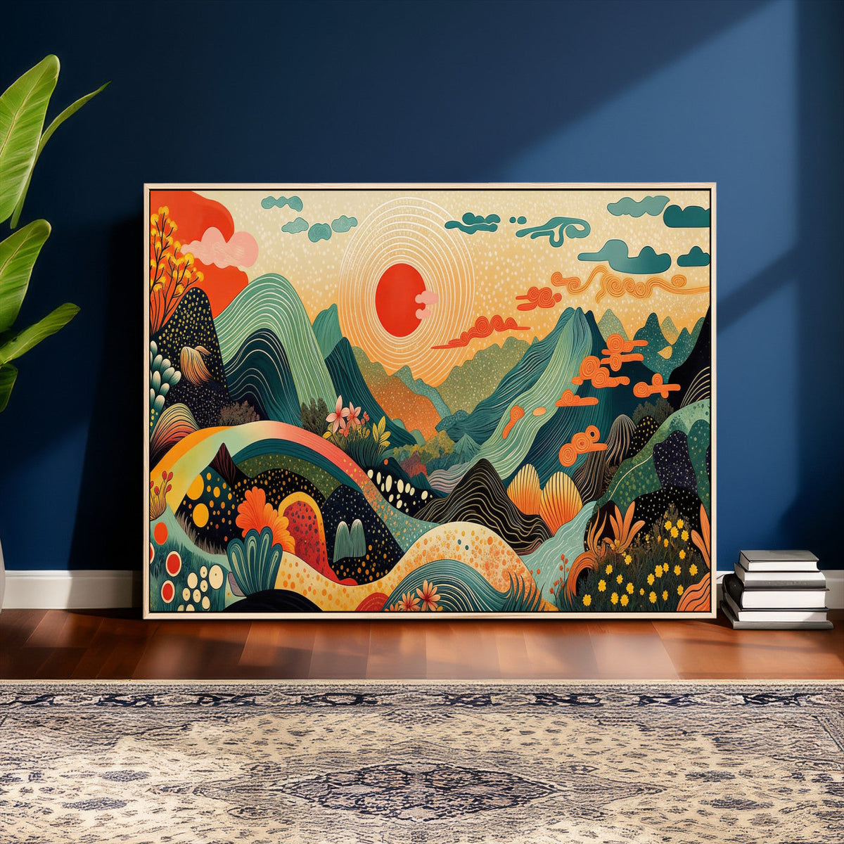 Yayoi Kusama Boho Mountain Landscape Large Wall Art, Gold Sun and Flowers Print