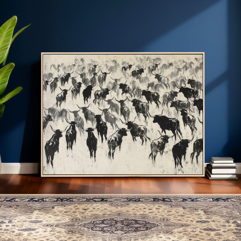 Longhorn Cattle Canvas Wall Art, Black White Stampede Ink