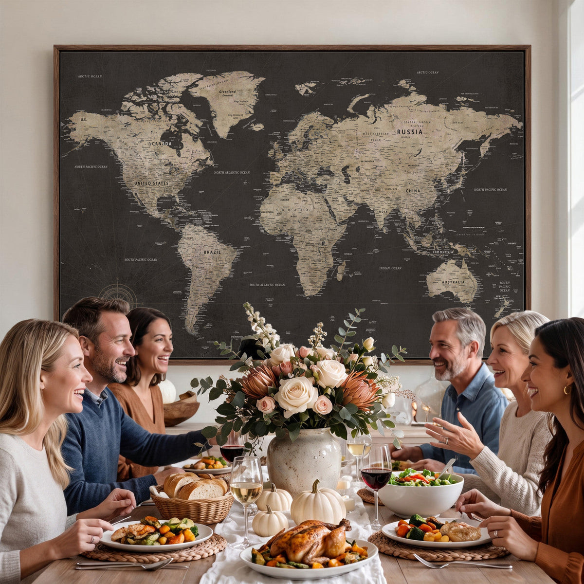 World Map Canvas Wall Art, Dark Charcoal and Antique Tan Detailed Map