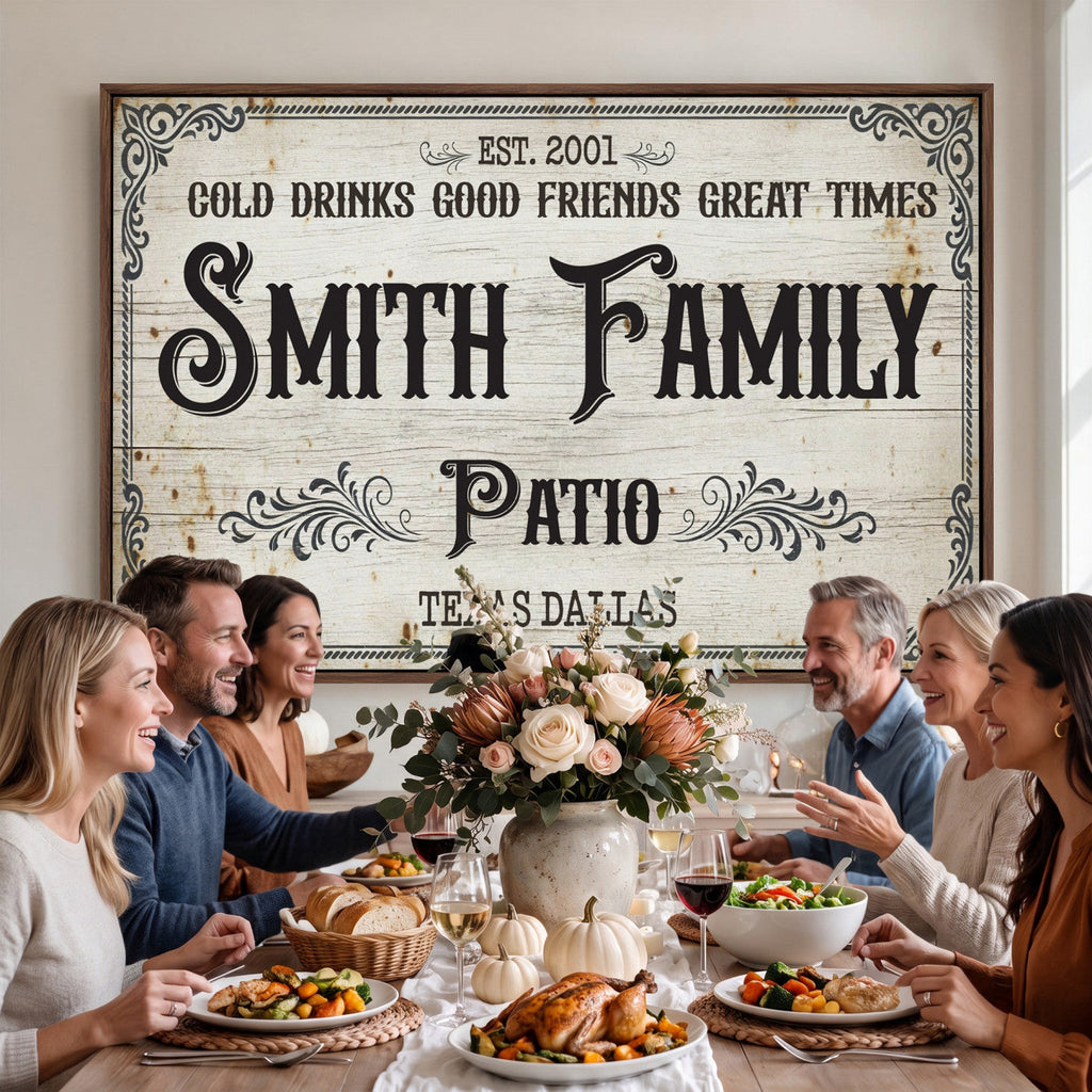 Custom Family Patio Sign Canvas, Personalized Rustic Backyard Decor