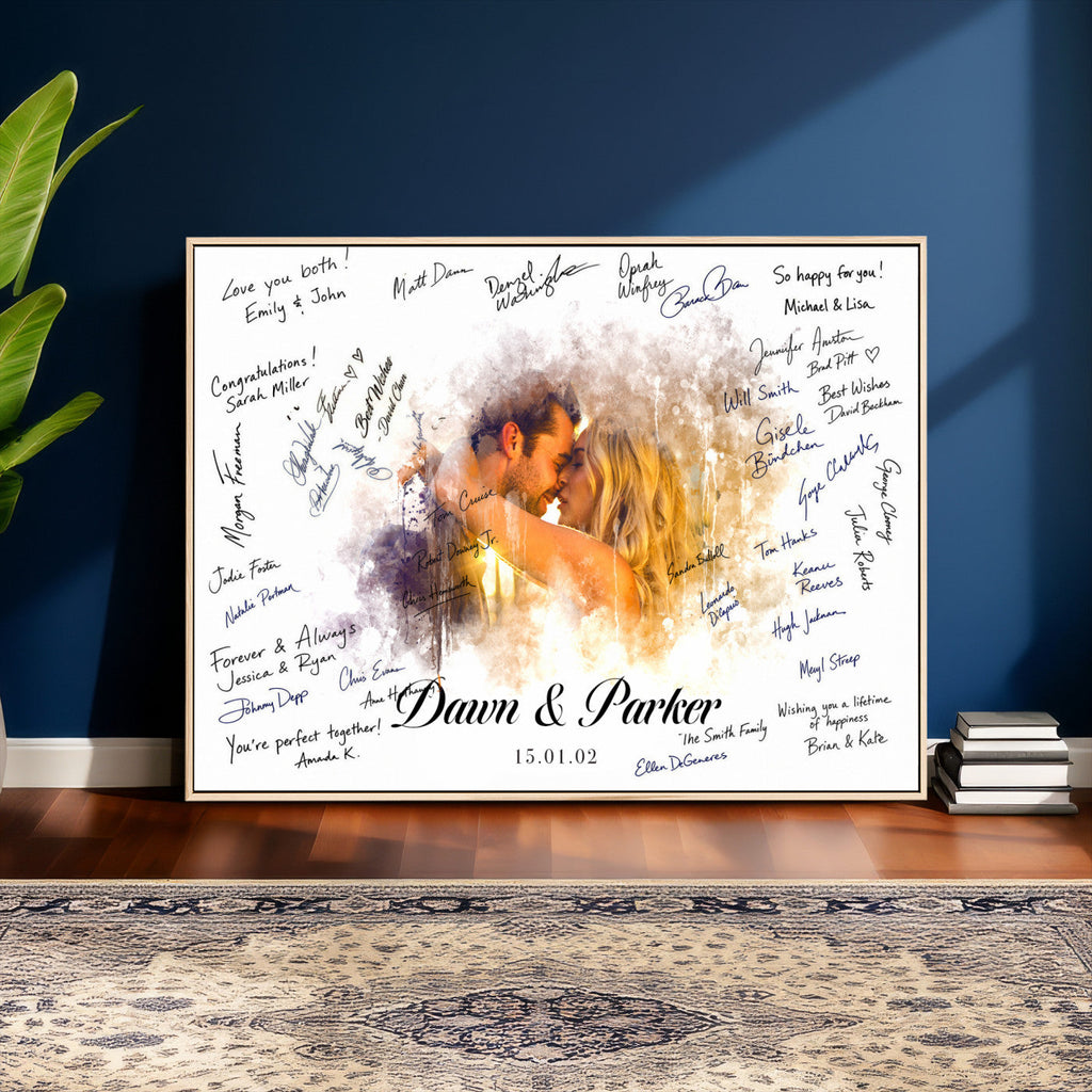 Ink Splash Wedding Guest Book Canvas, Personalized Couple Photo Sign