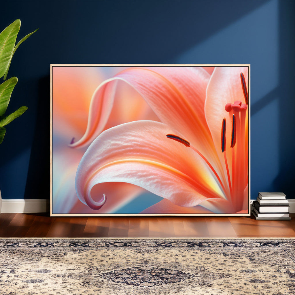 Peach Lily Canvas Wall Art, Coral Pink Flower Macro Photo Print, Botanical Decor