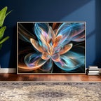 Fractal Lotus Canvas Wall Art, Blue Orange Glowing Flower Abstract Print