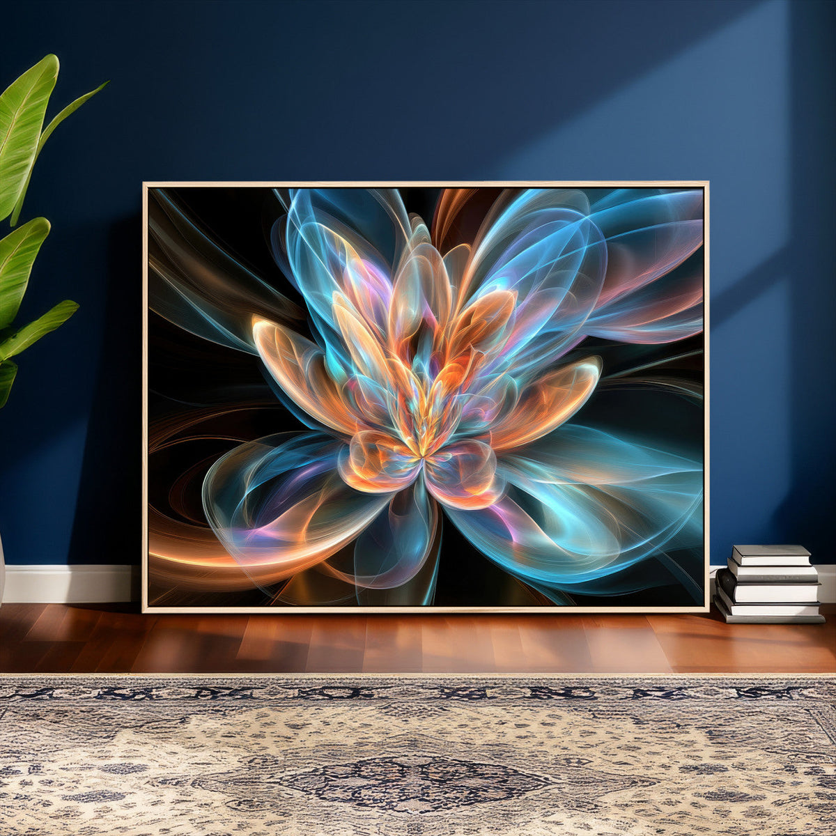 Fractal Lotus Canvas Wall Art, Blue Orange Glowing Flower Abstract Print