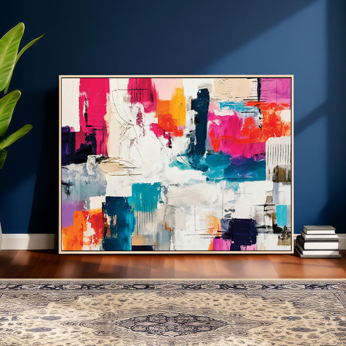 Blue Teal Abstract Canvas Wall Art, Modern Brushstroke Style Print, Navy Orange Contemporary Decor