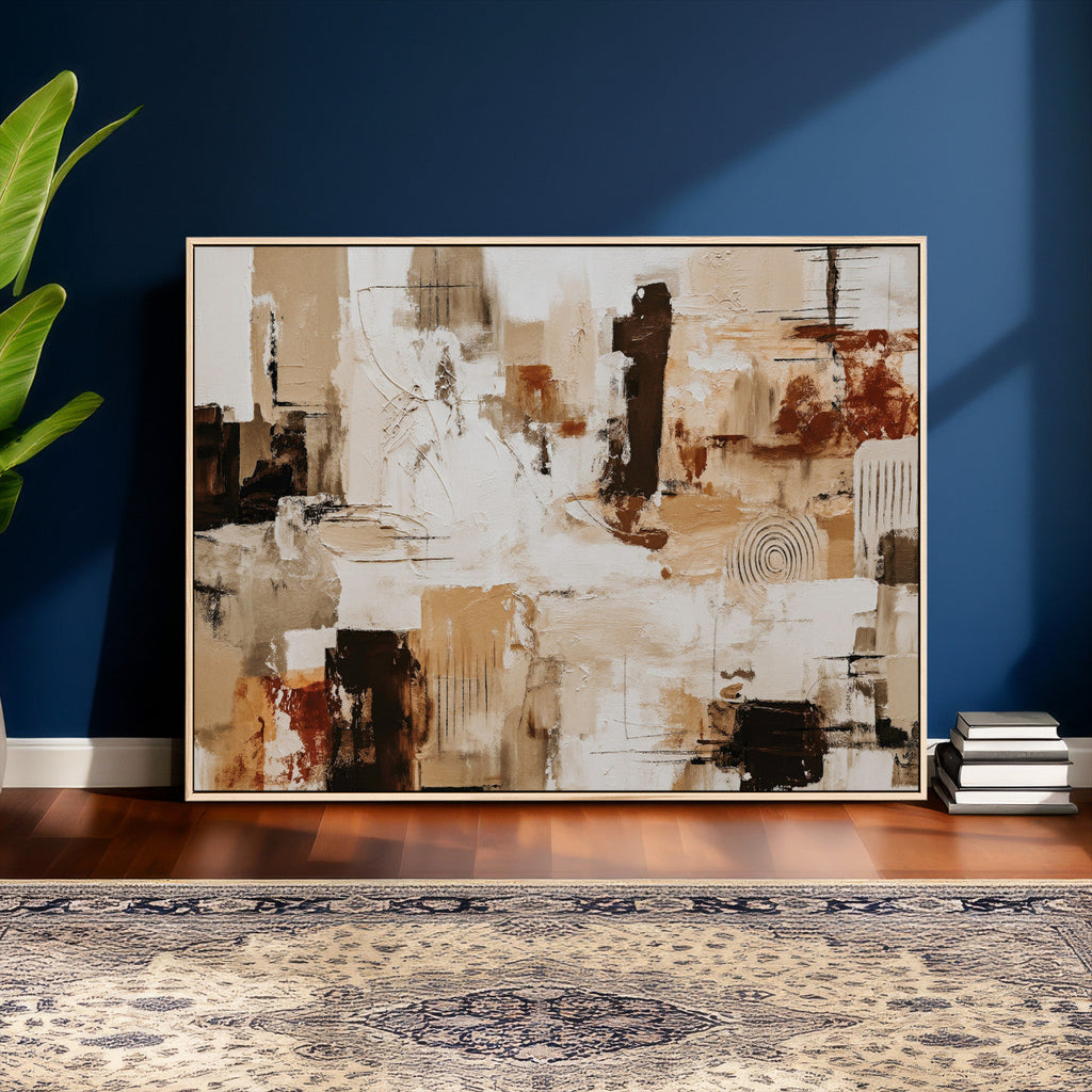 Blue Teal Abstract Canvas Wall Art, Modern Brushstroke Style Print, Navy Orange Contemporary Decor