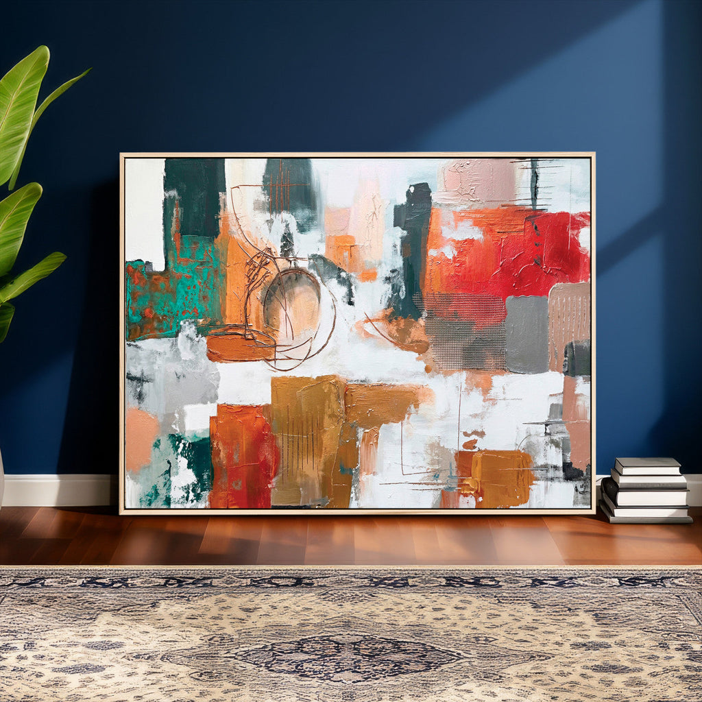 Blue Teal Abstract Canvas Wall Art, Modern Brushstroke Style Print, Navy Orange Contemporary Decor