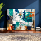 Blue Teal Abstract Canvas Wall Art, Modern Brushstroke Style Print, Navy Orange Contemporary Decor