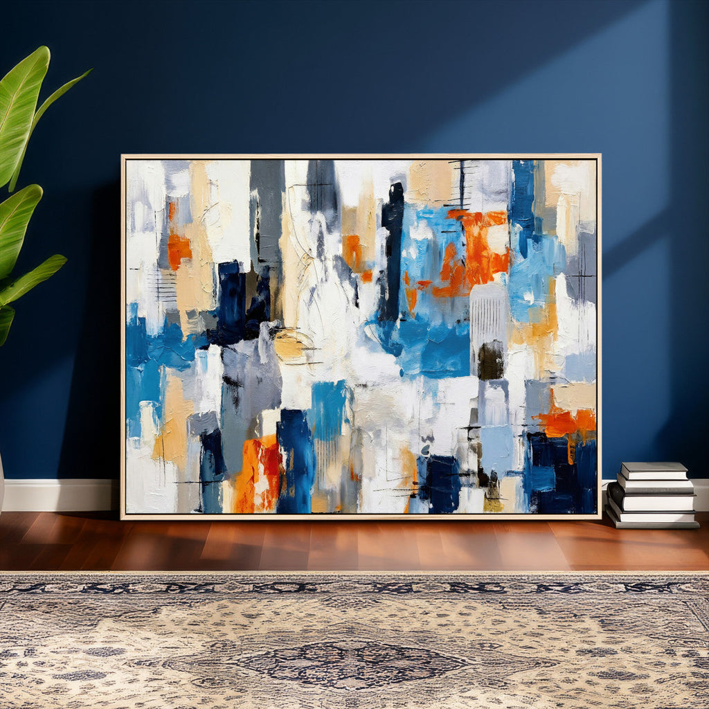 Blue Teal Abstract Canvas Wall Art, Modern Brushstroke Style Painting Print, Navy Orange Contemporary Decor