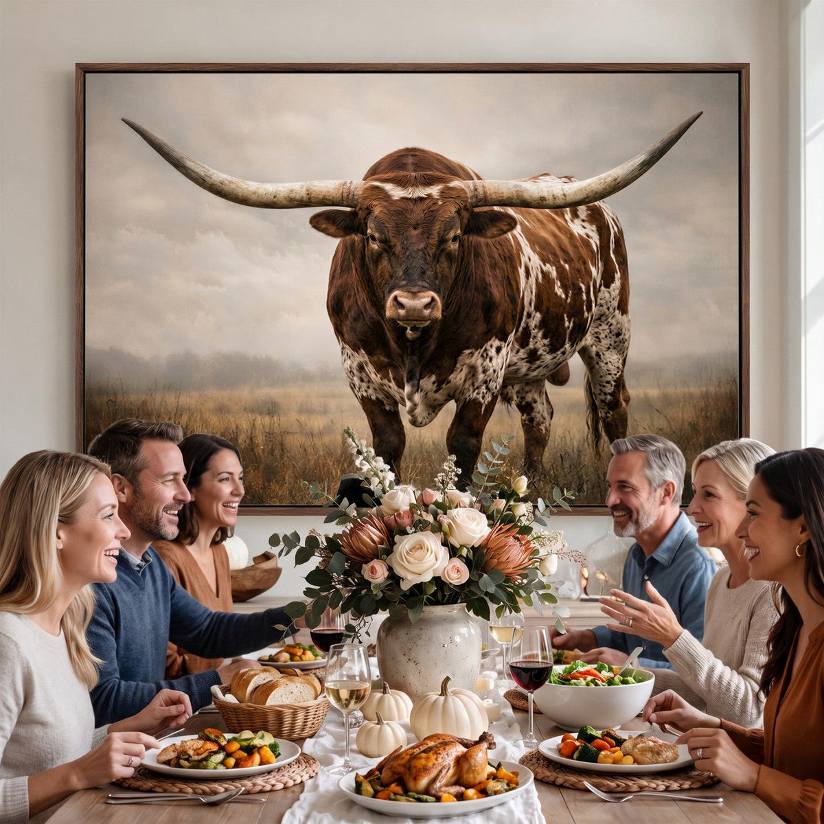Texas Longhorn Wall Art Canvas Print | Brown Horned Bull Rustic Western Decor
