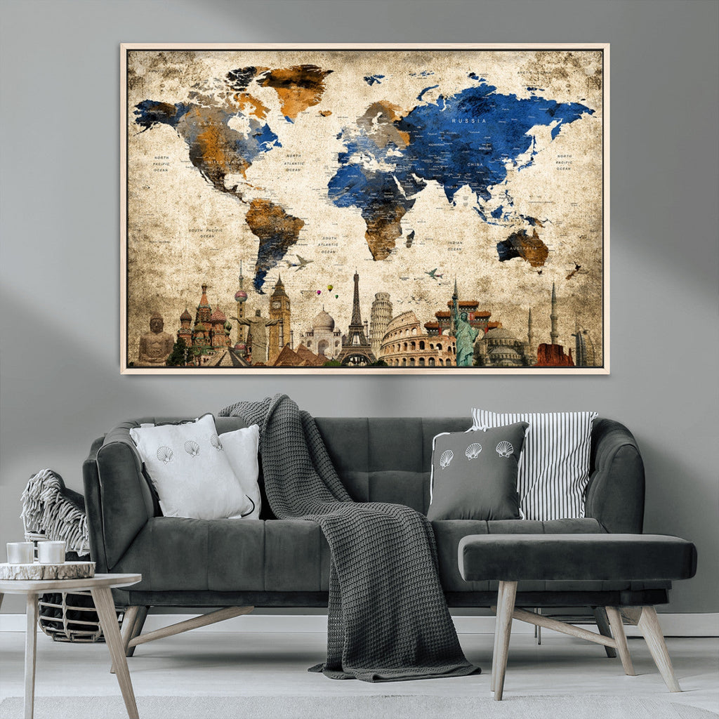 World Map Canvas Print | Vintage Blue and Gold World Map Wall Art