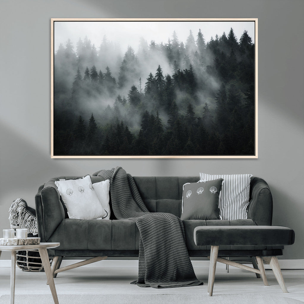 Foggy Forest Wall Art Canvas Print | 3 Panel Large Misty Landscape