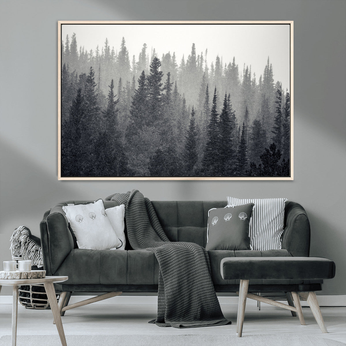 Misty Forest Canvas Wall Art | Monochrome Triptych Pine Tree Print