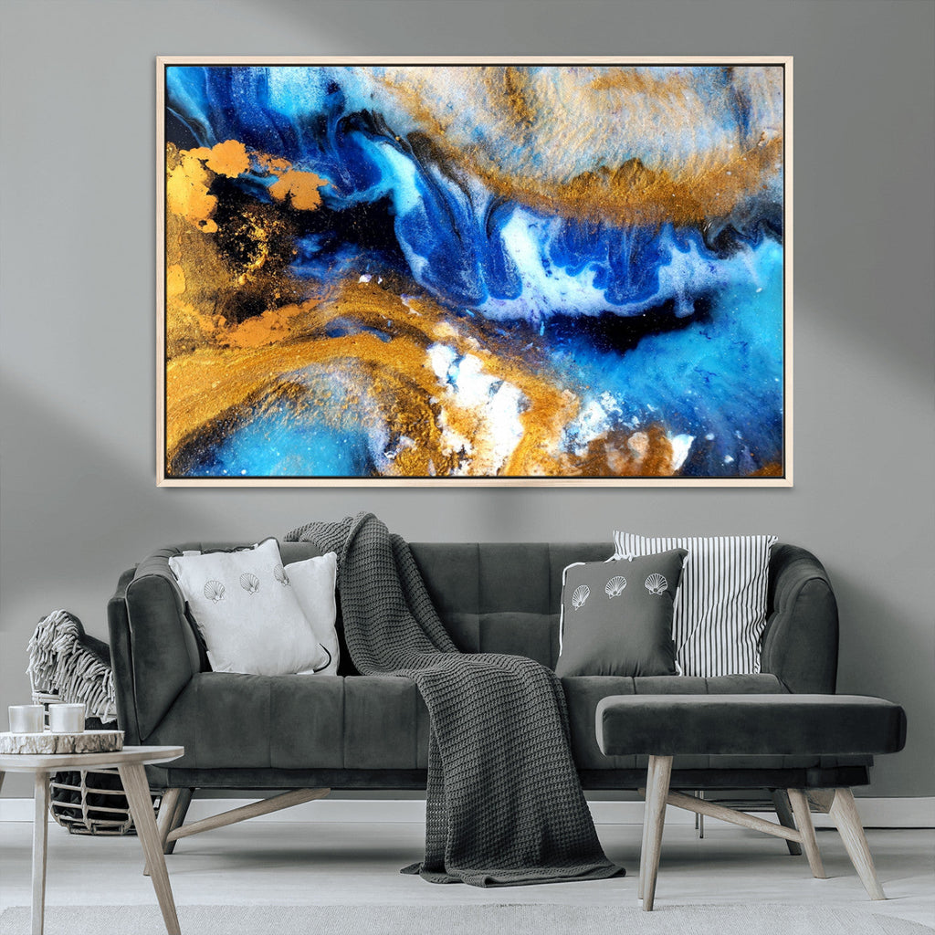 Blue Orange Marble Fluid Effect Canvas Wall Art Print