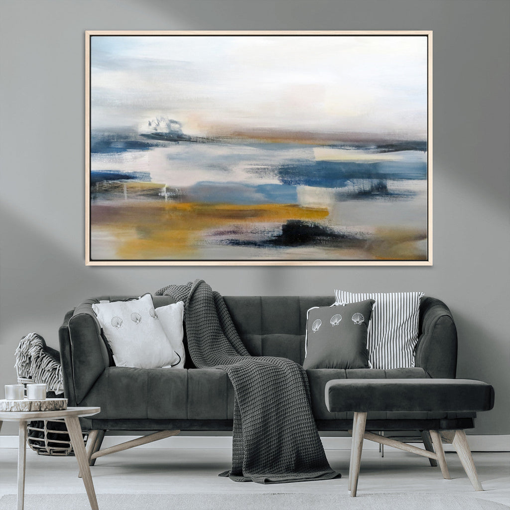 Abstract Landscape Wall Art Canvas | 3 Panel Modern Blue, Gold and White Canvas Art