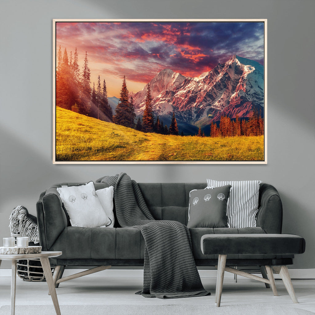 Mountain and Daylight Red Sunset Wall Art Canvas Print