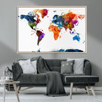 Bold Colorful World Map Canvas Print | Detailed Map of the World Wall Art