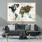 Vintage World Map Wall Art Canvas Print, Framed Rustic Earth Tone Map