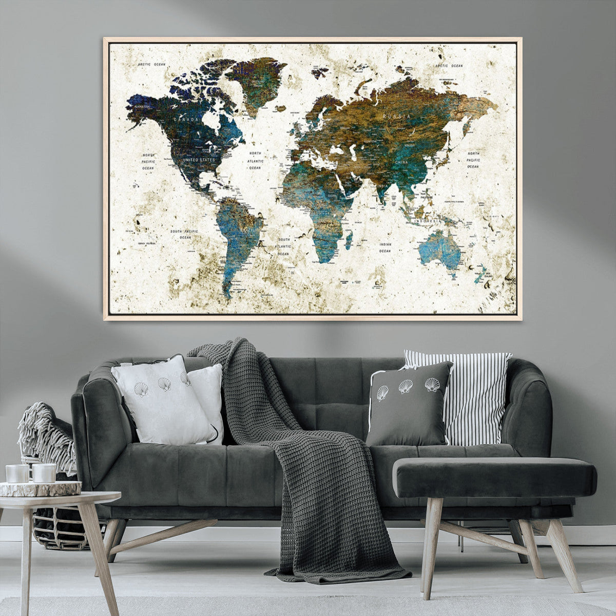 Vintage World Map Wall Art Canvas Print, Framed Rustic Earth Tone Map